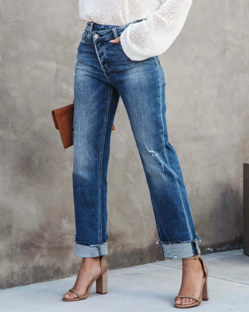 Women Jeans Straight Pants Denim Pockets High Waist Loose Fit Solid Ankle Length Streetwear Distressed Washing Zipper Flat Aviola