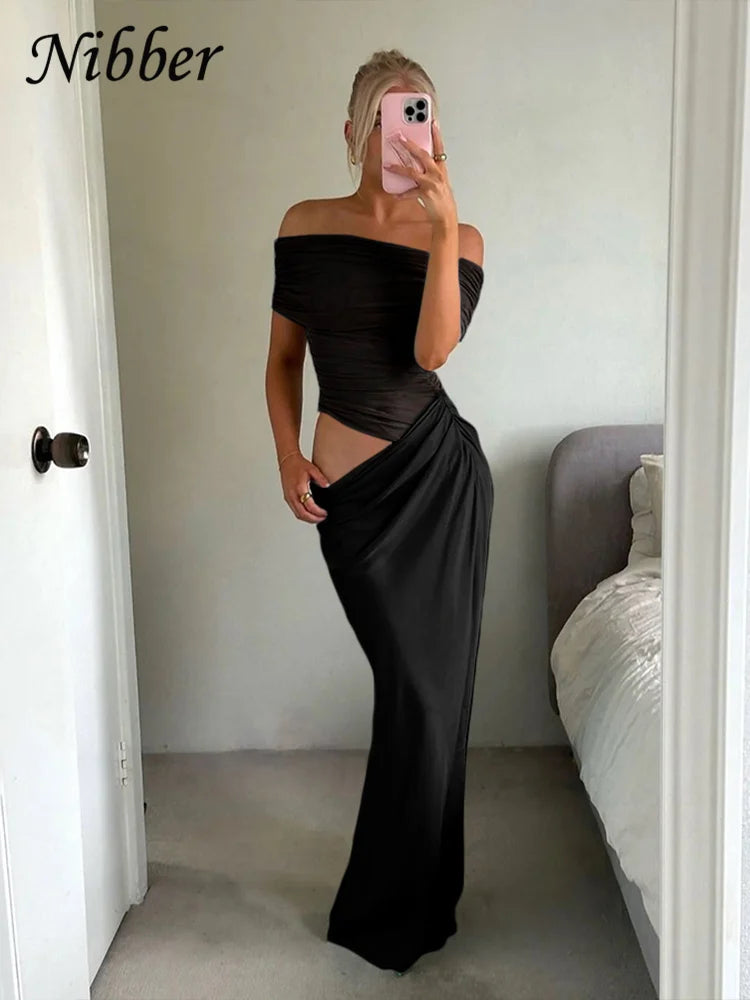 Nibber Ruched Irregular Dress Women Mesh Patchwork Slash Neck Short Sleeve Skinny Stretch Trend Elegant Long Bodycon Outfits Aviola