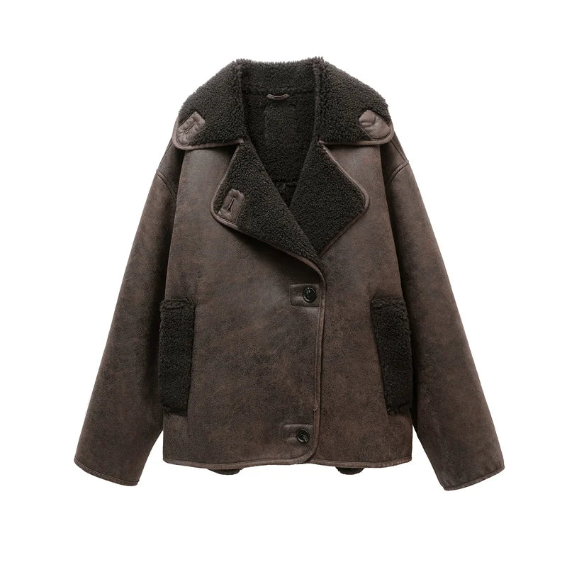 RARF 2025 Women's new thick jacket Vintage lapel leather jacket single breasted pocket street warm jacket Aviola