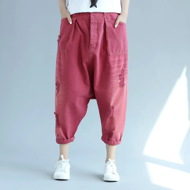 Denim Pant Women Jeans Calf Length Pants High Waist Straight Trousers Y2k Streetwear Elegant Mom Jeans Casual Hole Loose 2025 Aviola