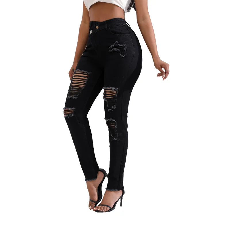 Jeans Women High Waist Pencil Pants Holes Denim Slim Fit Pockets Sexy Streetwear Mom Jeans Sheath Distressed Ankle Length 2025 Aviola