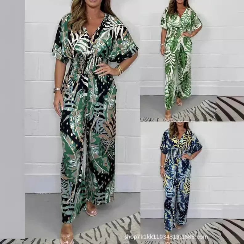 Rompers Women V Neck Jumpsuits Ankle Length Wide Leg Pants Print Pullover One Piece Y2k Streetwear Loose Casual Pockets Aviola