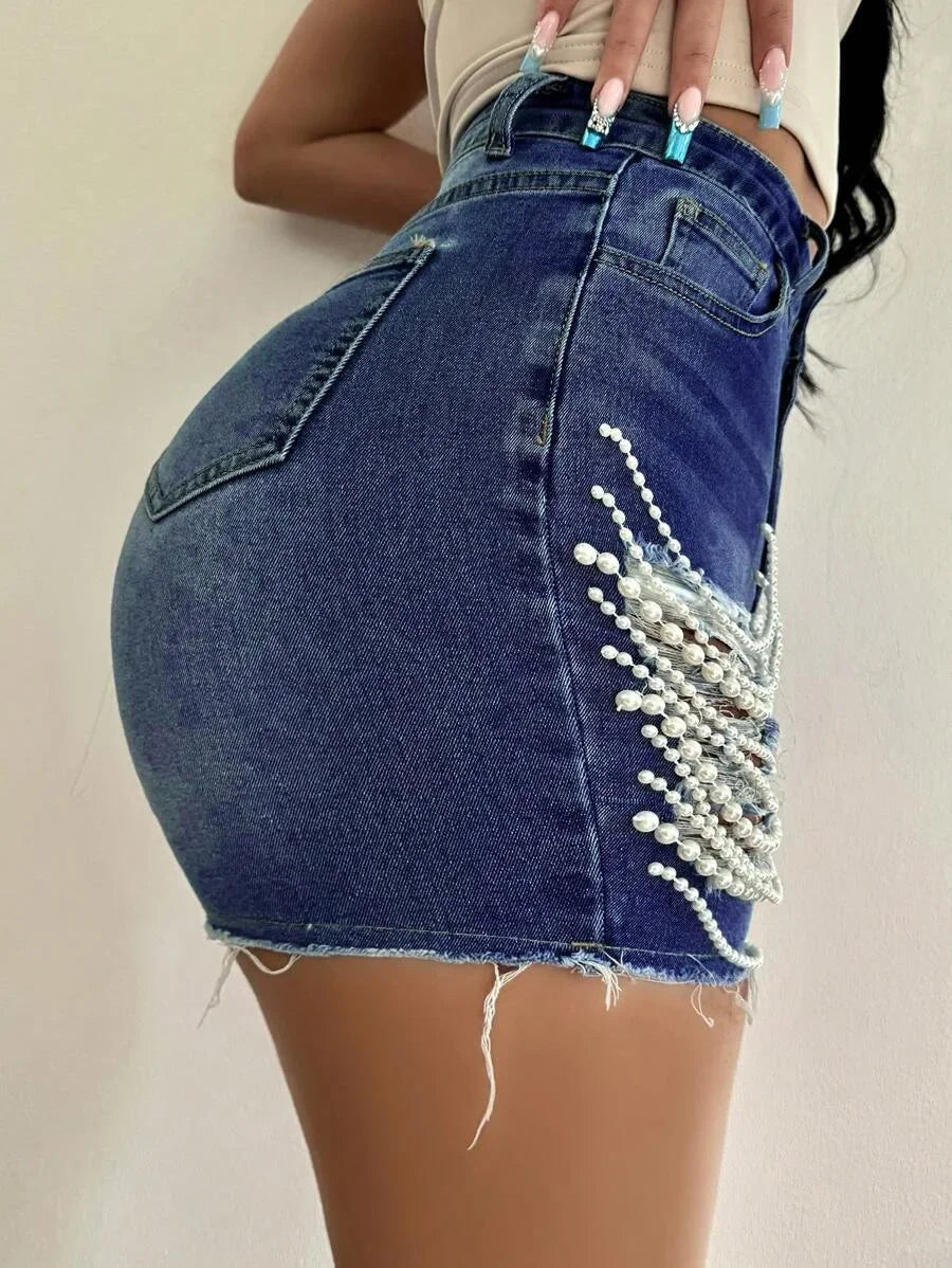 Denim Shorts Women Hole Jeans Ripped Pearl Chain Pockets Sexy Mom Vintgae Party Short Pants High Waist Denims Streetwear 2025 Aviola