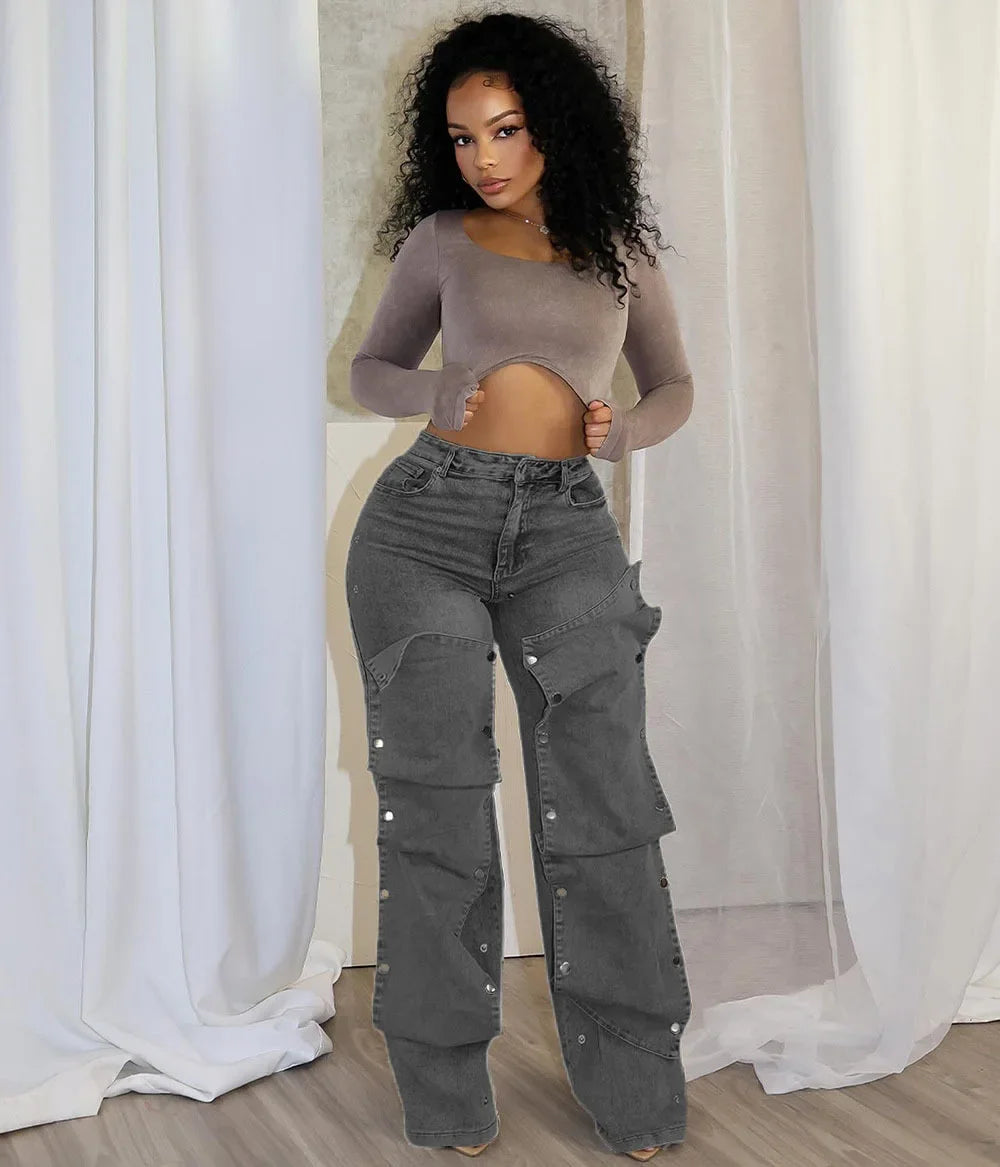 Jeans Denim Pants Women Straight Button Pockets High Waist Mom Floor Length Washed Distressed Strech Trousers 2025 Streetwear Aviola