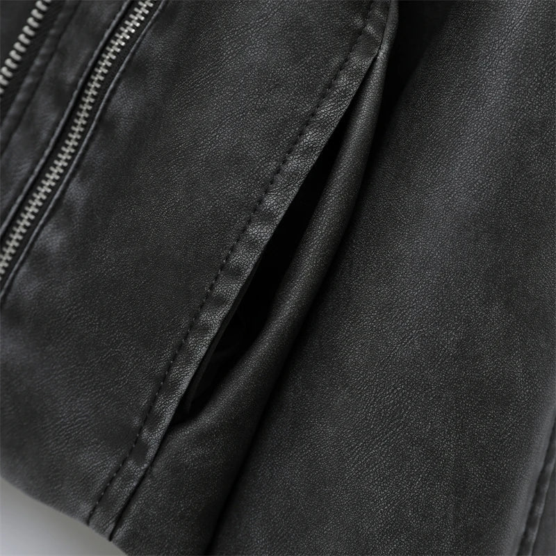 RARF 2024 Women's new short make old effect imitation leather motorcycle jacket jacket women's washed gray leather coat Aviola