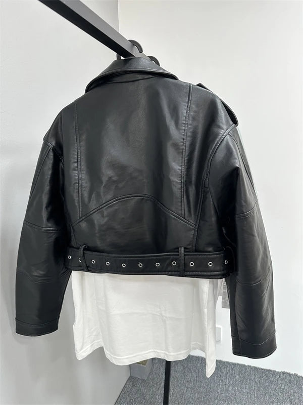 2024 RARF Women's washed leather jacket with belt, short coat with downgraded zipper and vintage lapel, e jacket Aviola