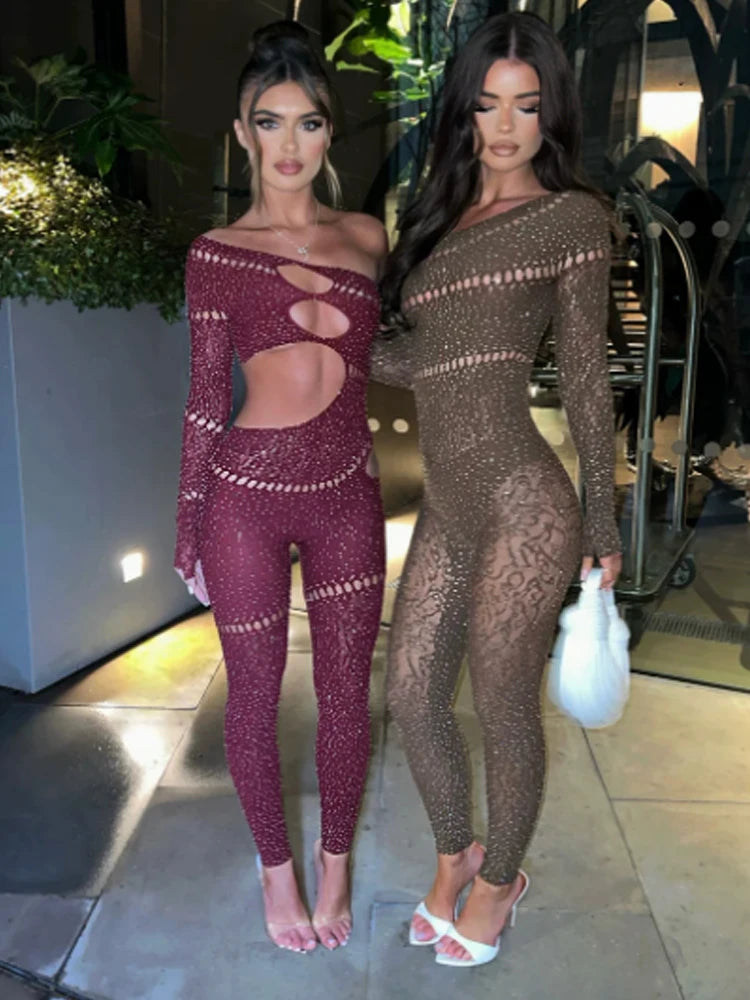 Nibber Sexy Jumpsuits Women Shine Rhinestones Irregular Hollow Skew Collar Single Sleeve Hottie Coquettish Clubwear Overalls Aviola
