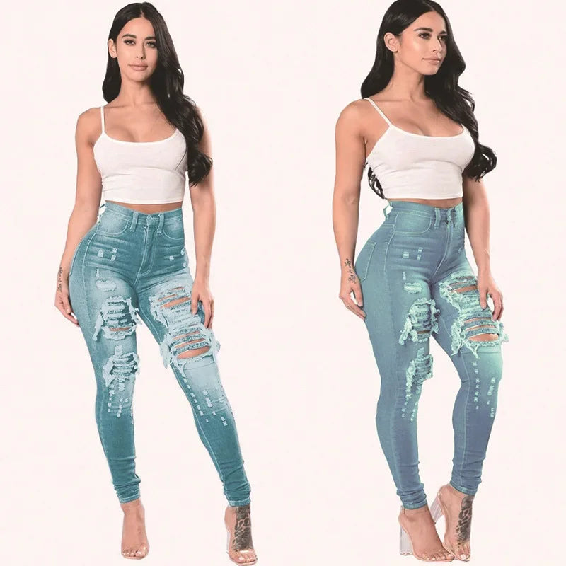 Jeans Women Hole Denim Pencil Pants Ripped Skinny Ankle Length Trousers Stretch High Waist Distressed Washed 2025 Streetwear Aviola