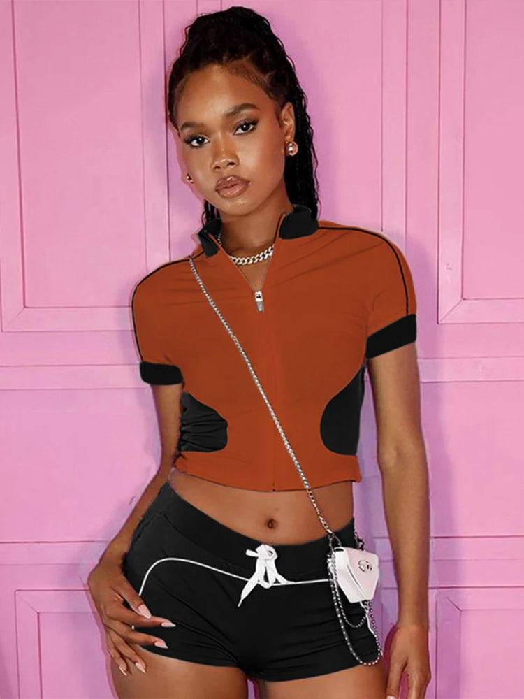 Nibber Summer Tracksuit Women 2 Piece Set Zip Patchwork Shorts Sleeve Crop Tops+Shorts Matching Sporty Skinny Stretch Outfits Aviola