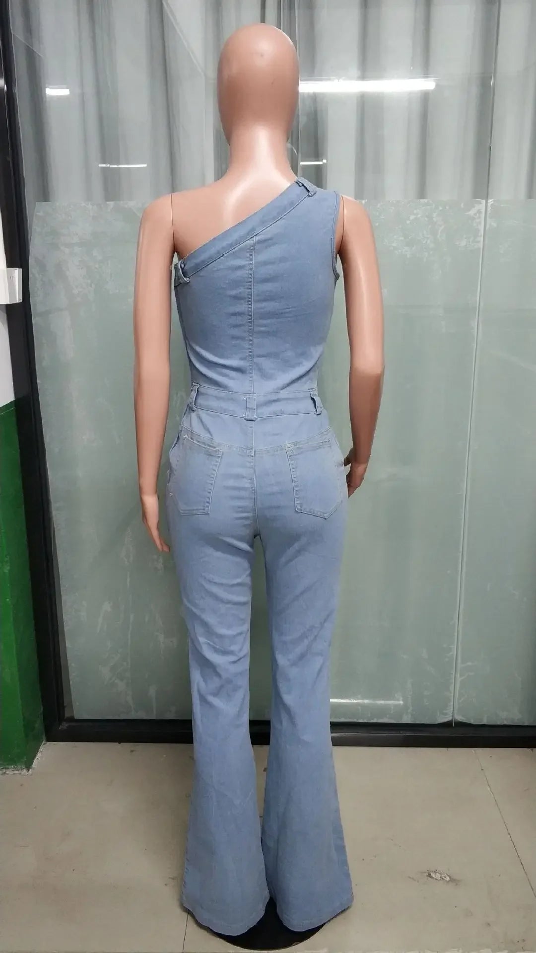 Flare Denim Pants Full Length Women Jeans One Piece Overalls Spliced Solid Jumpsuits Loose Pockets High Waist Basics Washed Aviola