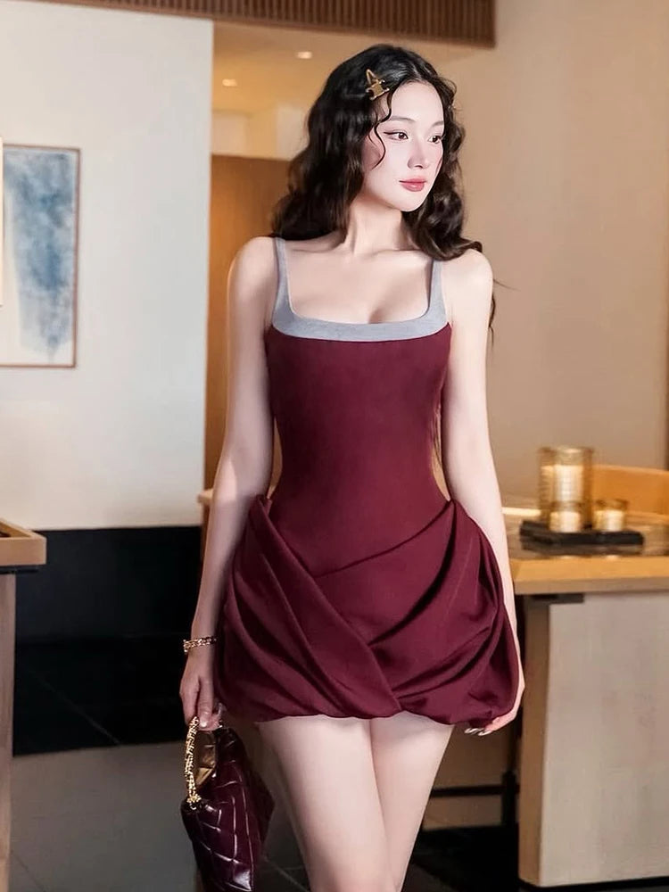 Nibber Backless Dress Women Patchwork Square Collar Sleeveless Ruffles Cross Hem Slim Classic Summer Birthday Party Mini Bodycon Aviola
