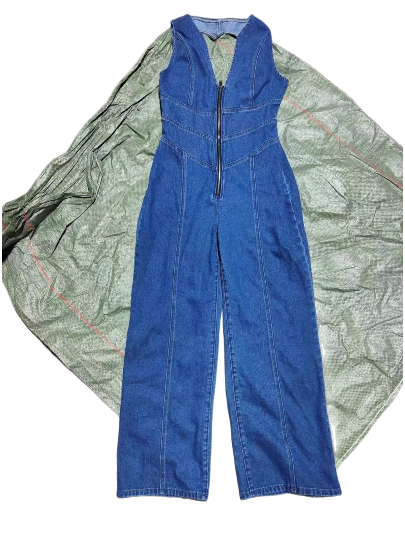 One Piece Denim Jumpsuit Summer New Slim Thin Backless High Waist Overalls Jeans Sleeveless Zipper V Neck Rompers Long Pants Aviola