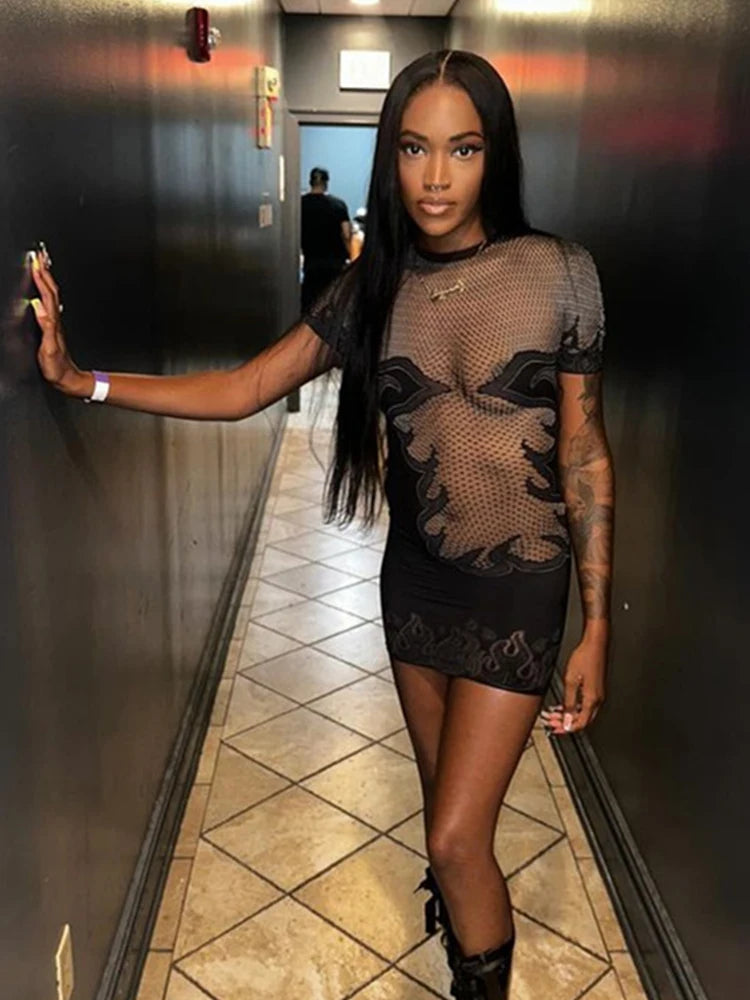 Nibber Hottie Sexy See Through Dress Women Flame Patchwork Print o-Neck Short Sleeve Skinny Peach Hip Street Hipster Outfits Aviola