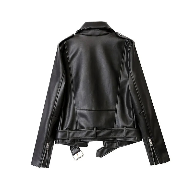 2025 New Spring Autumn Women Blue Faux Leather Jacket Ladies Solid With Belt Zipper Biker Coat Female Casual Outwear Veste Femme Aviola