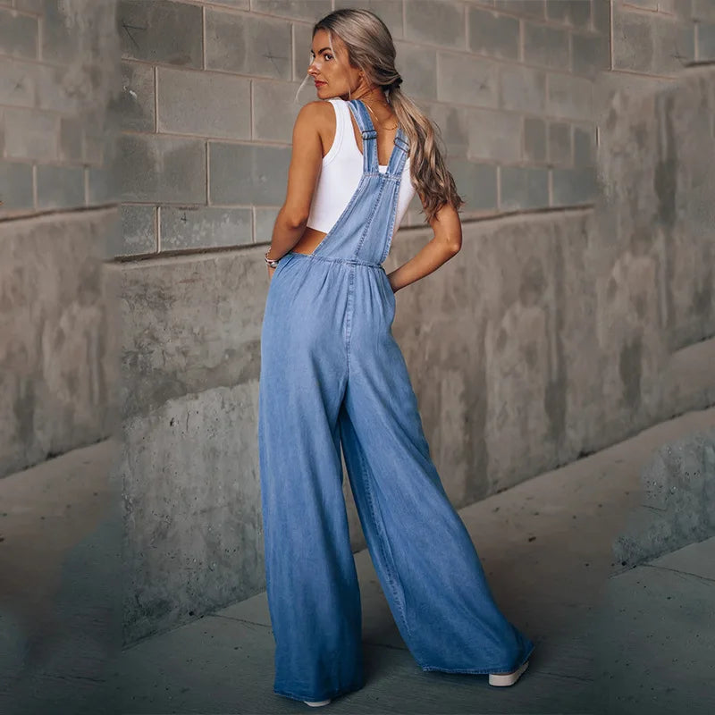 Pocket Design Wide Leg Suspender Denim Jumpsuit for Women Overall Cowboy BibSquare Neck Daily Regular Fit Sleeveless Summer Fall Aviola