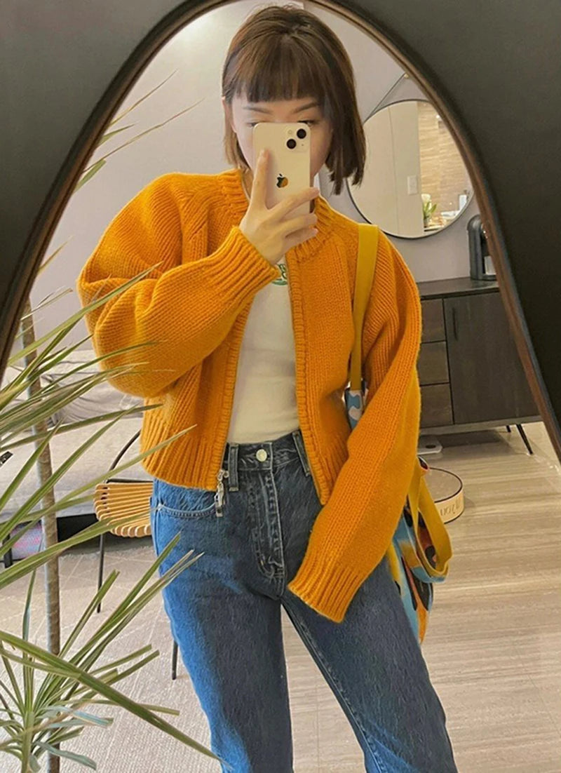 MEXZT Solid Knitted Cardigan Women Sweet Zipper Cropped Sweaters Korean Vintage Casual Knitwear Coat Loose Short Jumpers Jackets Aviola