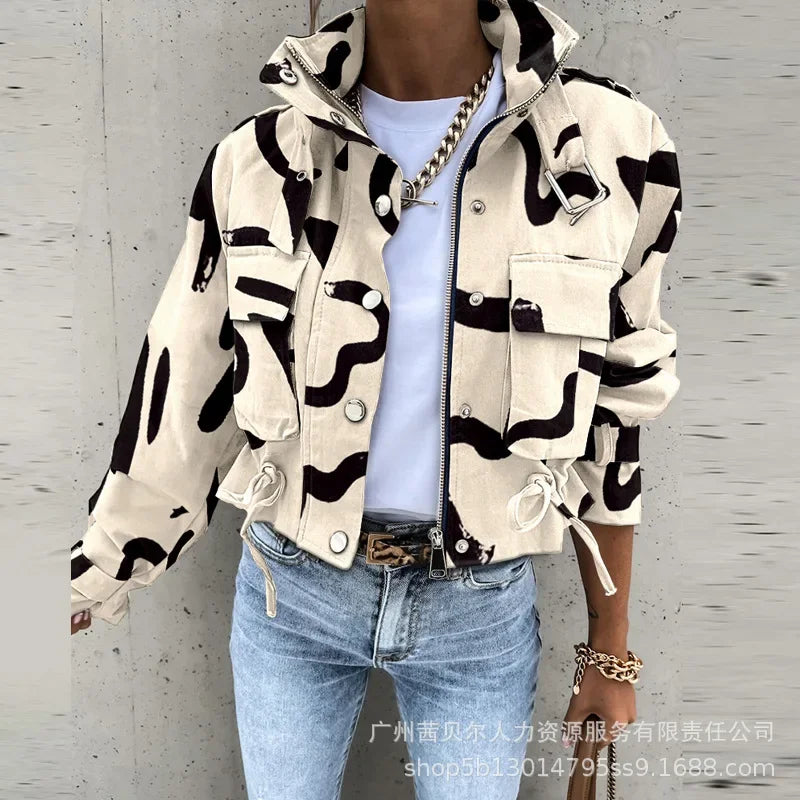 2023 Autumn Women Geometric Jackets Tops Vintage Print Long Sleeve Button Jacket Coat Ladies Leisure Outerwear Short Tops Aviola