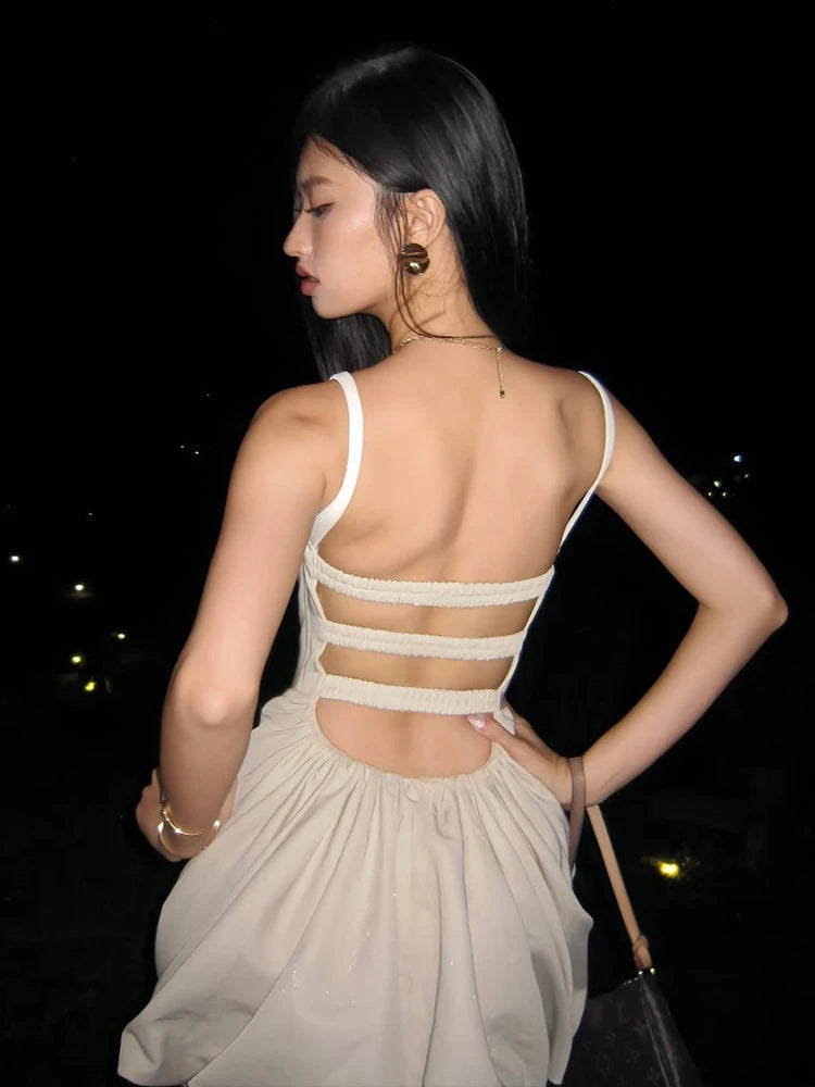 Nibber Backless Dress Women Patchwork Square Collar Sleeveless Ruffles Cross Hem Slim Classic Summer Birthday Party Mini Bodycon Aviola