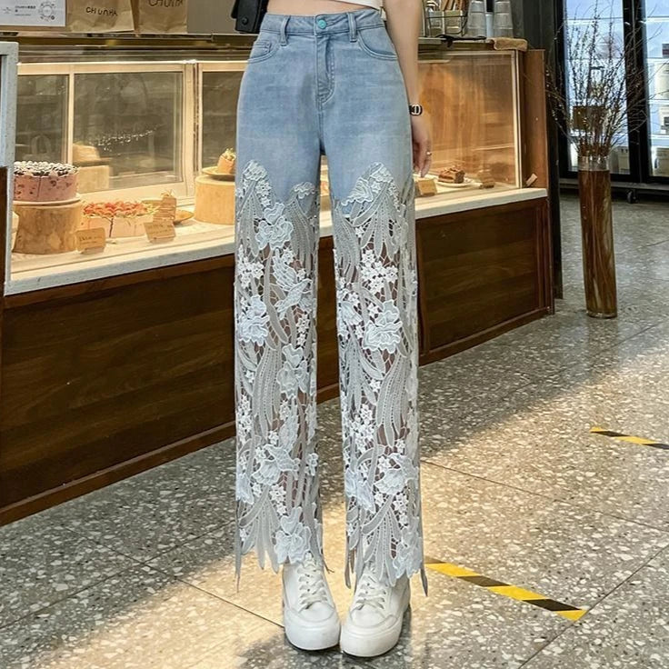 Denim Pant Women Jeans Hollow Out Floral Long Pants Slim Lace High Waist Straight Trousers Y2k Streetwear Splice Mom Party Club Aviola
