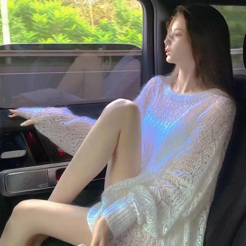 MEXZT Y2K Hollow Out Pullover Sweater Women Sweet Sexy See Through Thin Loose Jumper Korean Oversized Sun Protection Shirt Tops Aviola
