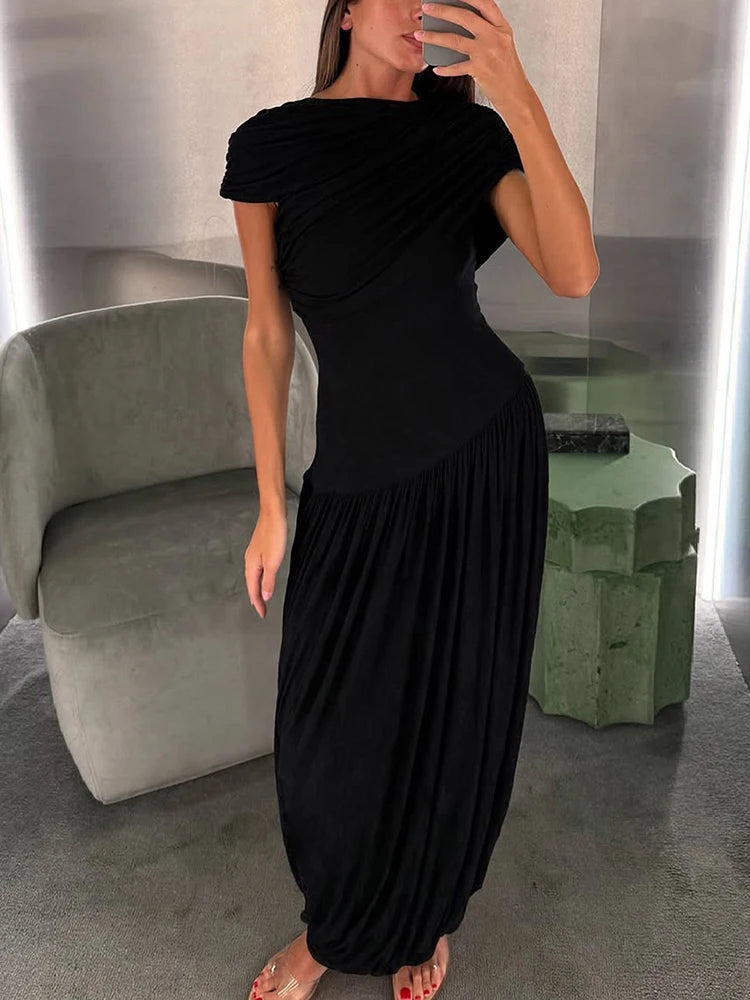 Nibber Solid Ruched Elegant Dress Women Summer Trend o-Neck Short Sleeve Ruffles Hem Vacation Beach Party Style Long Bodycon Aviola