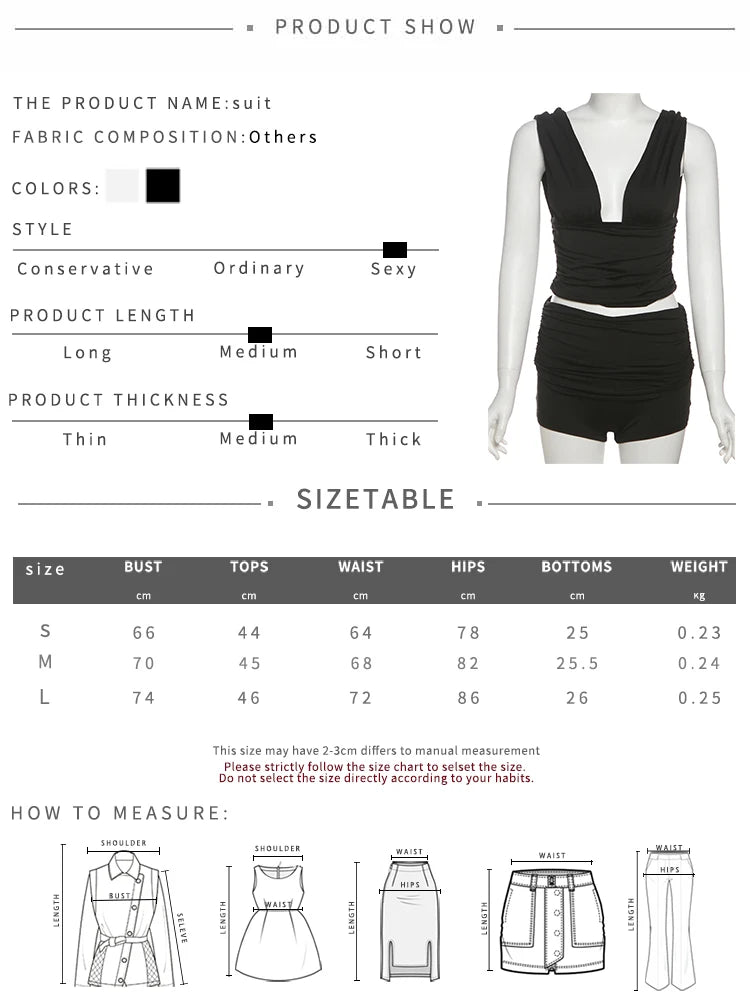 Nibber Folds Sexy 2-Piece Set Women Deep v-Neck Backless Sleeveless Vests+Mini Shorts High Elasticity Classic Matching Suits Aviola