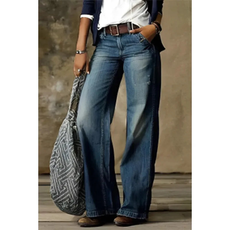 Women Jeans Wide Leg Pants Ankle Length Washing Denim Distressed Pockets High Waist Casual Loose Solid Spliced Summer 2024 Aviola