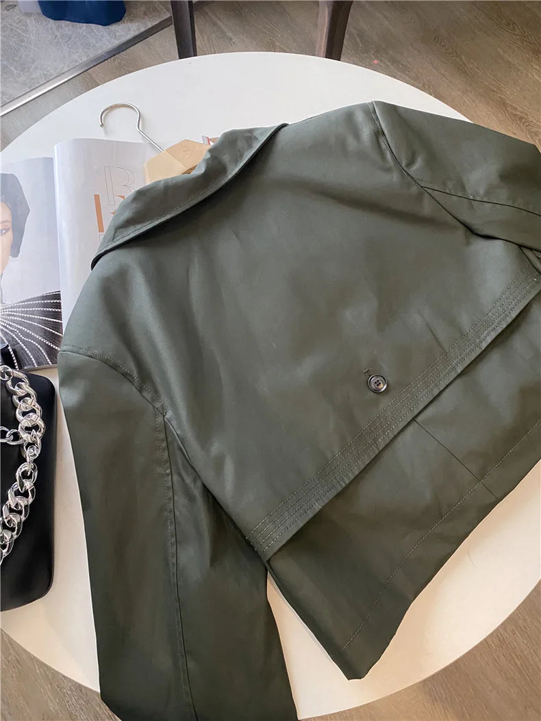 RARF 2024 autumn new women's fashion pocket double breasted waxed leather short trench coat women's top coat Aviola