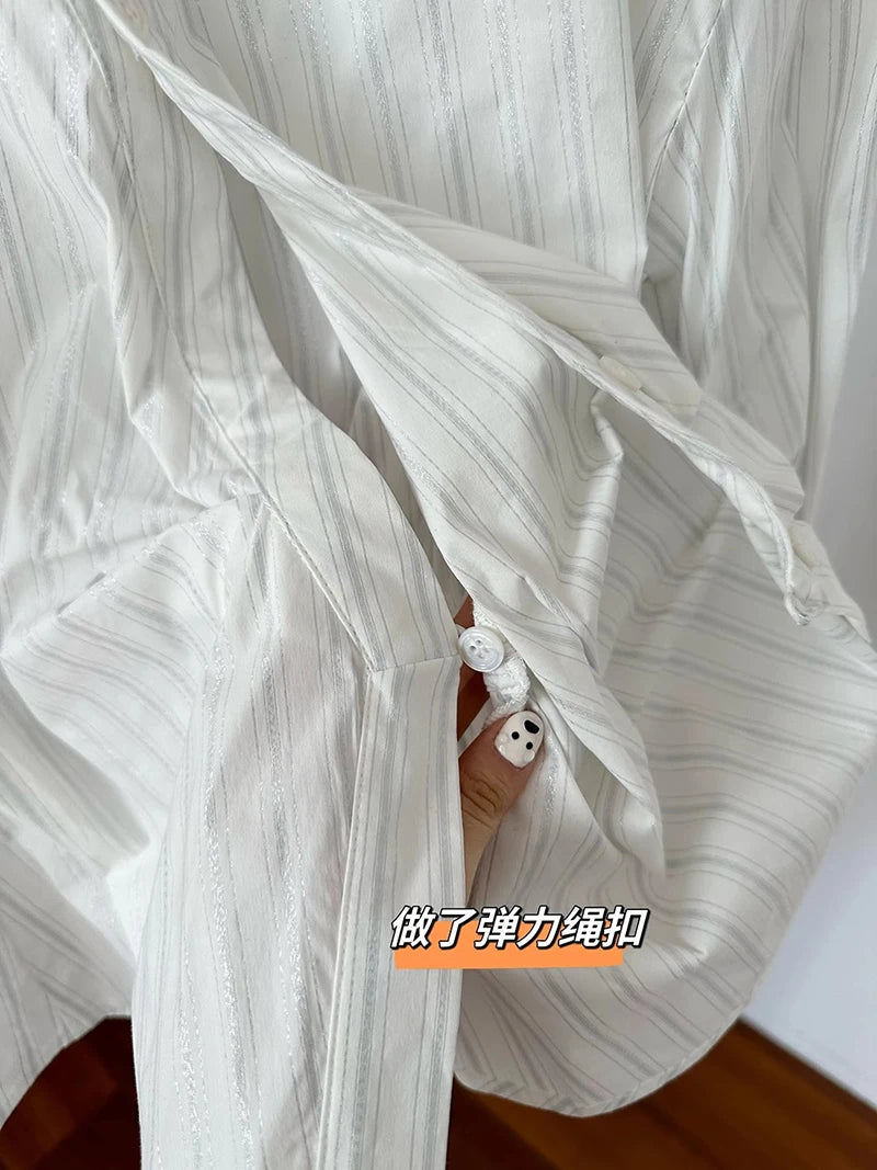 MEXZT Elegant Striped Shirts Women Vintage Irregular Long Sleeve Blouses Office Ladies Korean Chic Buttons Slim Design Tops New Aviola