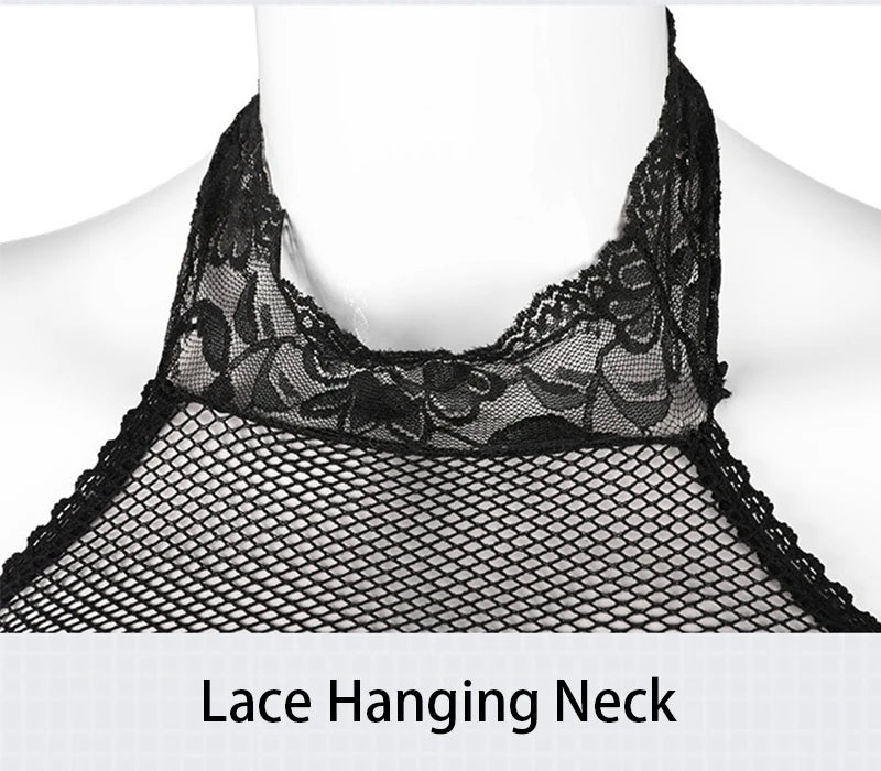 Y2k Erotic Lingerie Women Sexy Fishnet Crotchless Full Body Stockings Mesh Hollow Open Bra Teddy Babydoll Dress Porno Underwear Aviola