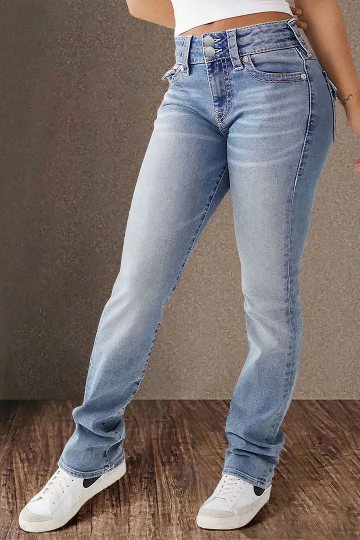 Jeans Denim Pant Women Long Pants Bodycon Button Pocket Splice Straight Trousers Solid Y2k Blue Mom Mid Waist Slim Streetwear Aviola