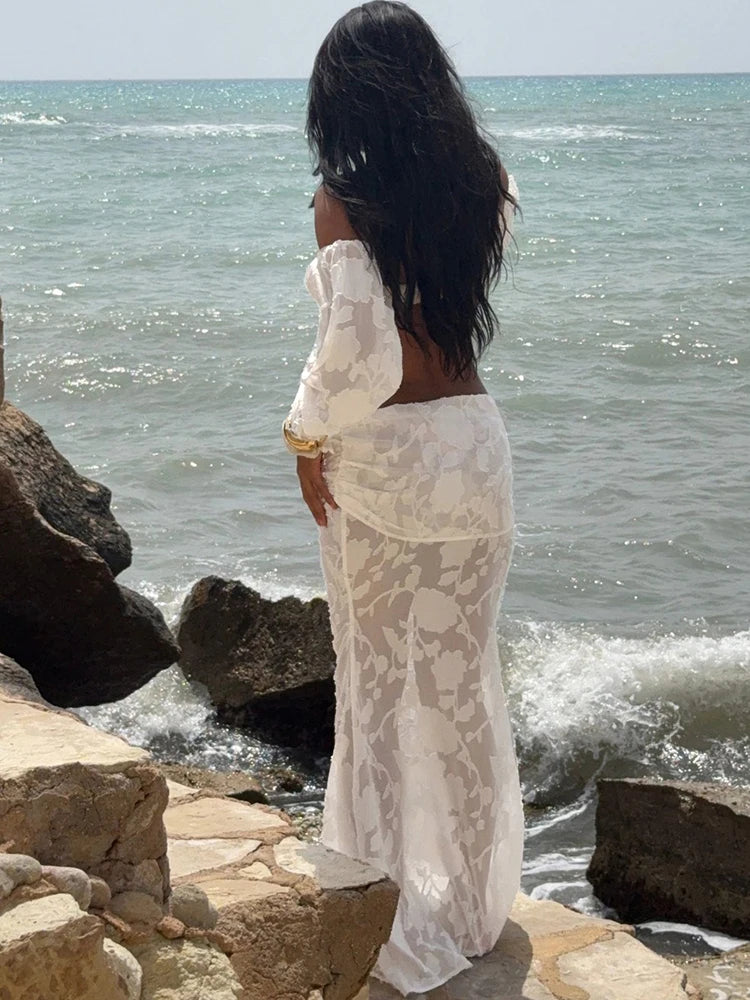 Nibber Beach Party Mesh Patchwork 2 Piece Set Women Sexy Slash Neck Flared Sleeve Crop Tops+A-Line Long Skirts Elegant Suits Aviola