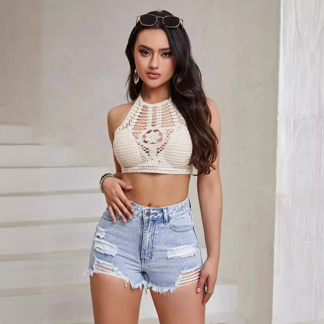 Denim Pants Women Shorts Jeans Short Pants Hole Slim High Waist Trousers Y2k Streetwear Casual Splice Summer 2025 Mom Jeans Aviola