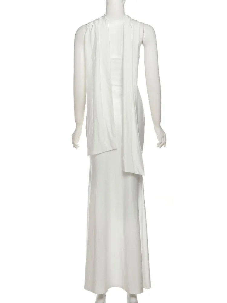 Nibber Temperament Scarf+Maxi Dress Women Hollow Folds Sleeveless Backless Metal Trim Solid Elegant Banquet Vacation Vestidos Aviola
