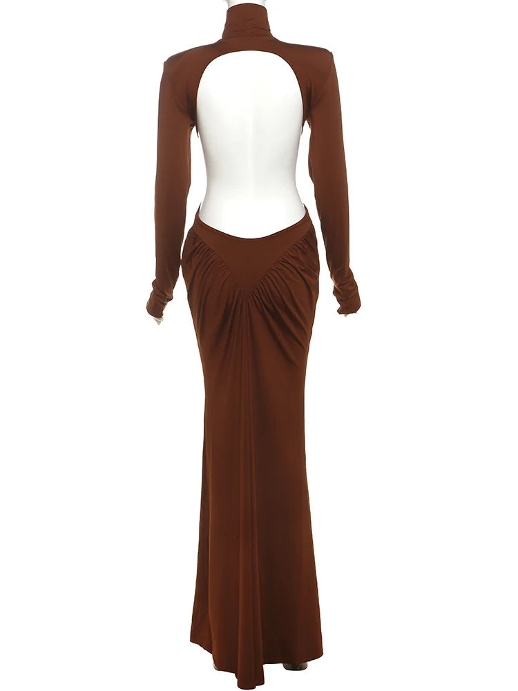 Nibber Backless Maxi Dress Women High Neck Long Sleeves Waistless Peach Buttocks Folds Shoulder Pads Elegant Banquet Vestidos Aviola