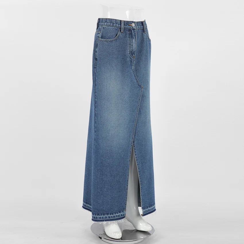 Denim Long Skirt Women Split Skirts Stretch High Waist Pockets Washed Distressed Mom Jeans 2025 Summer Streetwear Vintage A Line Aviola