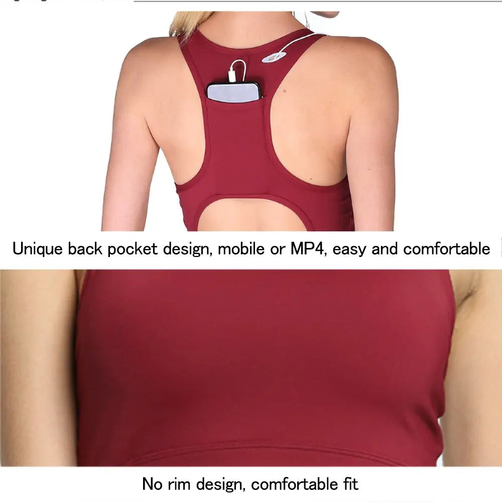 Solid Color Sports Bra Breathable Back Pocket Mobile Phone Yoga Shockproof Women Fitness Gym Running Bra Aviola