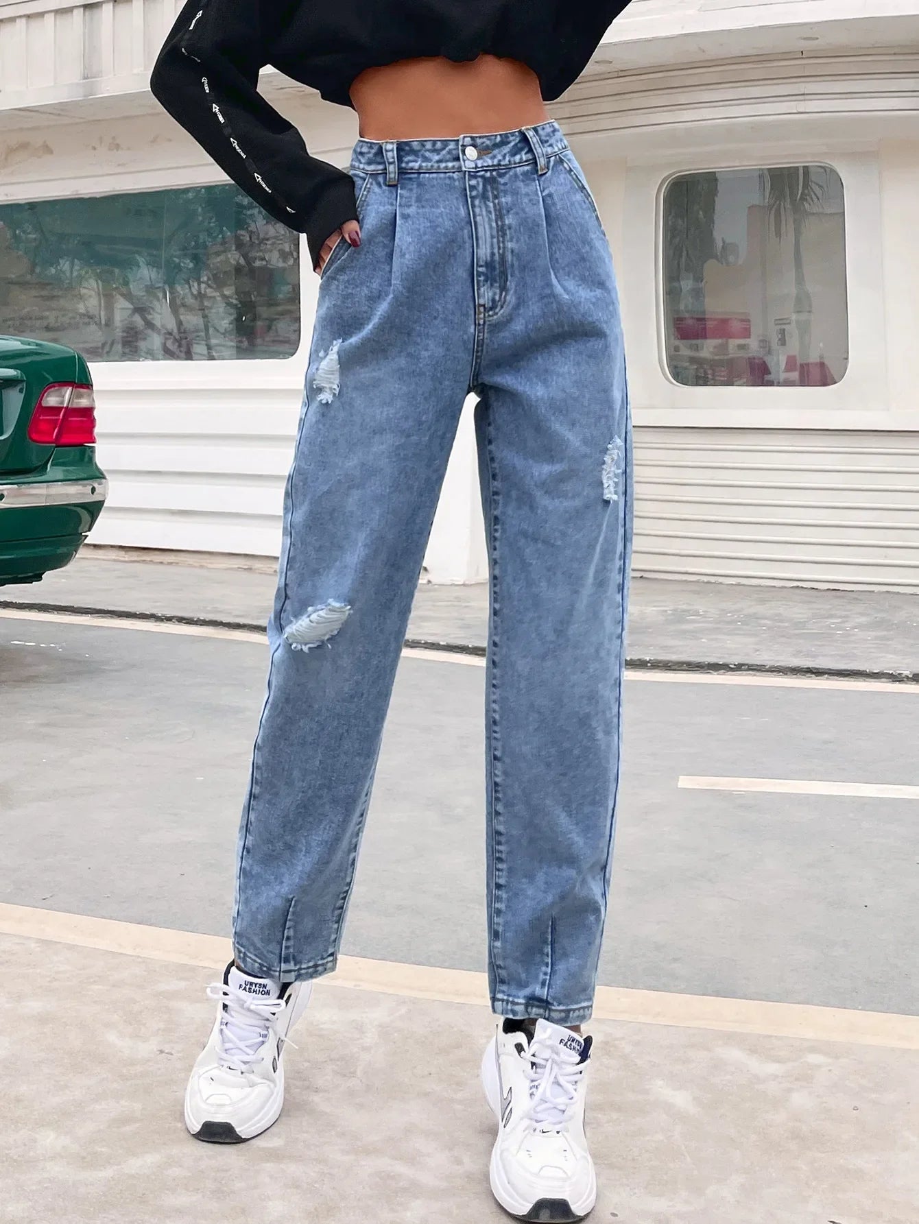 Distressed Women Jean Straight Pants High Waist Ankle Length Jeans Ripped Loose Fit Basics Washed Denim Pants Hole Autumn Aviola