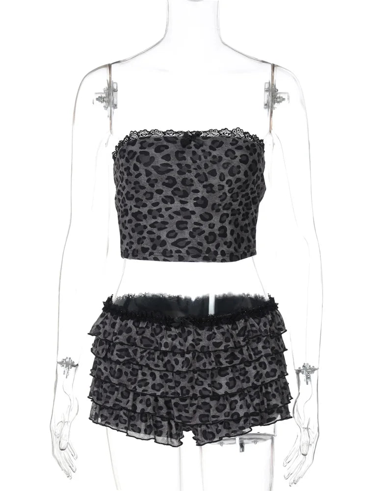 Nibber Sexy Leopard Print 2 Piece Set Women Mesh Patchwork Strapless Tops+Ruched Tierred Shorts  Hottie Street Hipster Suits Aviola