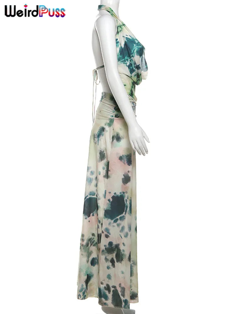 nibber Backless Halter 2Peice Set Woman Print Summer Swinging-Collar Bandage Tank Tops+Mesh Ruffles Tie-Dye Skirt Matching Suit Aviola