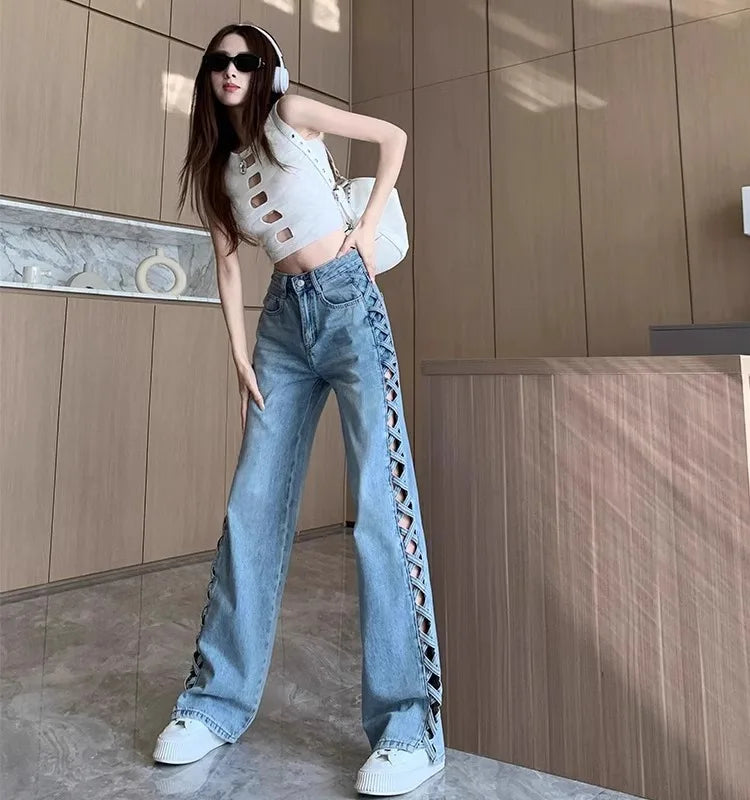 Women Casual Mom Jeans Hollow Out High Waist Trousers Button Zipper Wide Leg Pant Office Lady Loose Spring Club Y2k Streetwear Aviola