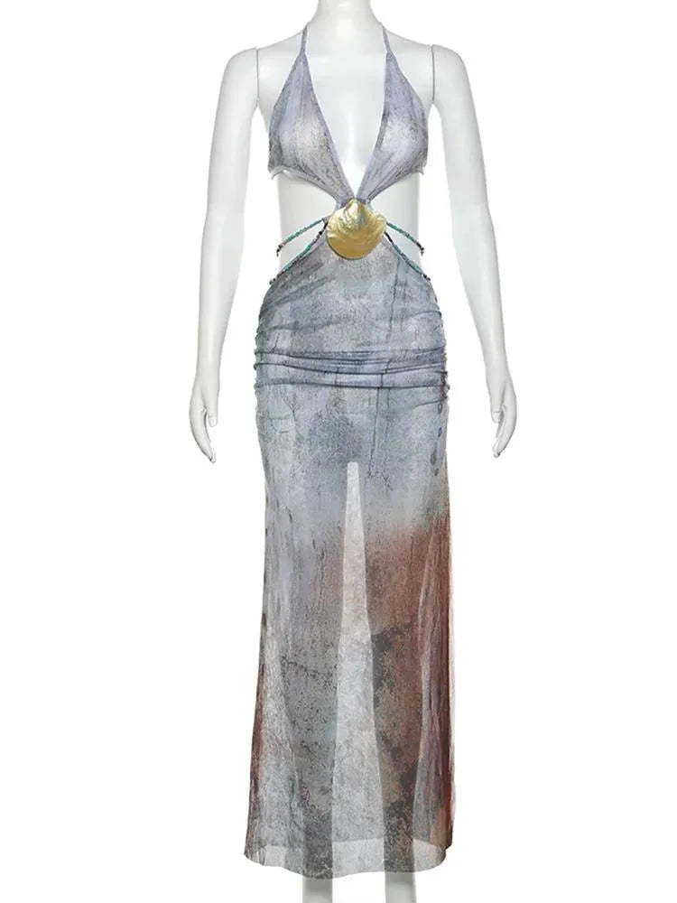 Nibber Pearl Shells Halter Dress Women Summer Trend Backless Deep V-Neck Skinny Long Bodycon Vestidos Dresses Sweet PA8P Aviola