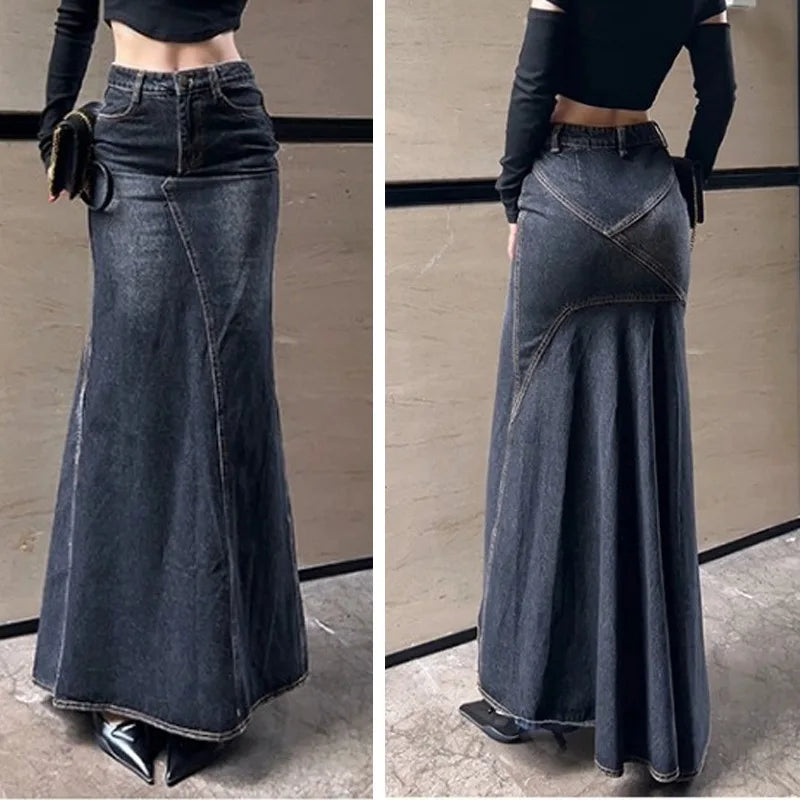 Maxi Skirt Women Casual Mermaid Streatwear High Waist Zipper Denim Skirts Y2k Streetwear Loose Long Mom Jeans Ankle Lenth Summer Aviola