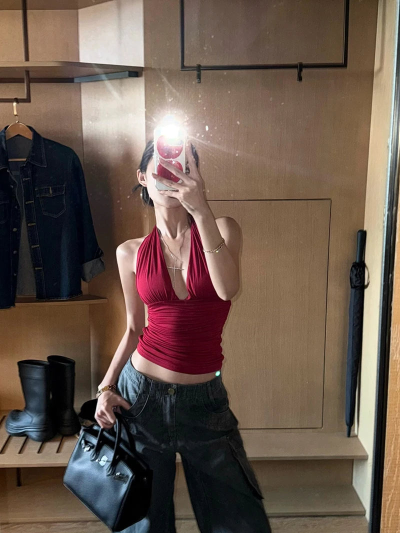 MEXZT Y2K Red Tank Top Women Streetwear Sexy Gyaru Halter Backless Corset Grunge Aesthetic V Neck Camis Summer Coquette Clothes Aviola