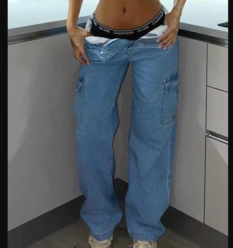 Women Jeans Spliced Cargo Denim Pants Ankle Length Jean Pockets High Waist Washed Loose Solid Straight Pant Basics Casual Aviola