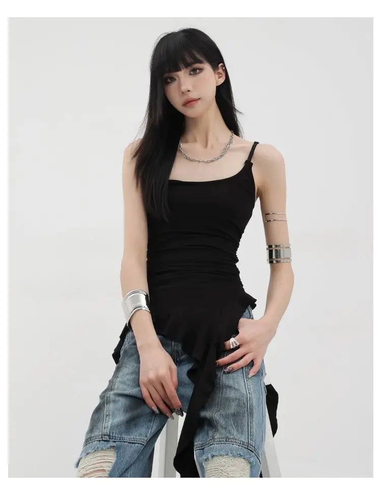 MEXZT Y2K Irregular Black Tank Top Women Grunge Aesthetic Sexy Backless Camis Gyaru Streetwear Korean Tees Summer Design Tanks Aviola
