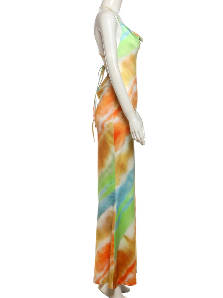 Nibber Swing Collar Colorful Fashion Maxi Dress Women Metal Chain Backless Vacation Trend Beach Party Style Elegant Vestidos Aviola