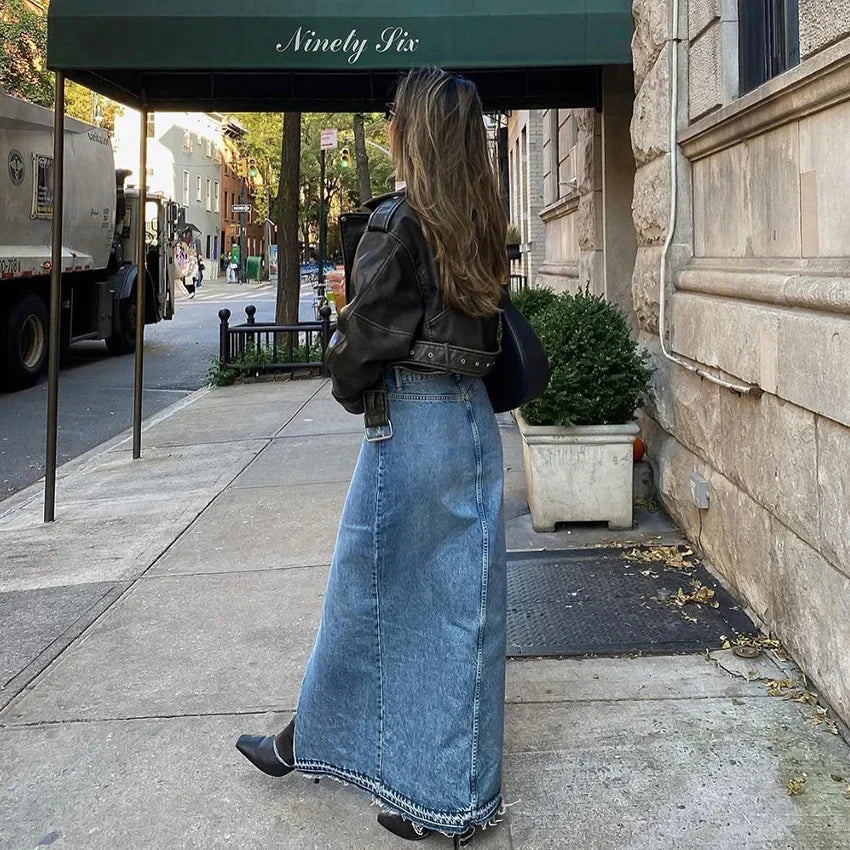 Denim Long Skirt Women Split Skirts Stretch High Waist Pockets Washed Distressed Mom Jeans 2025 Summer Streetwear Vintage A Line Aviola