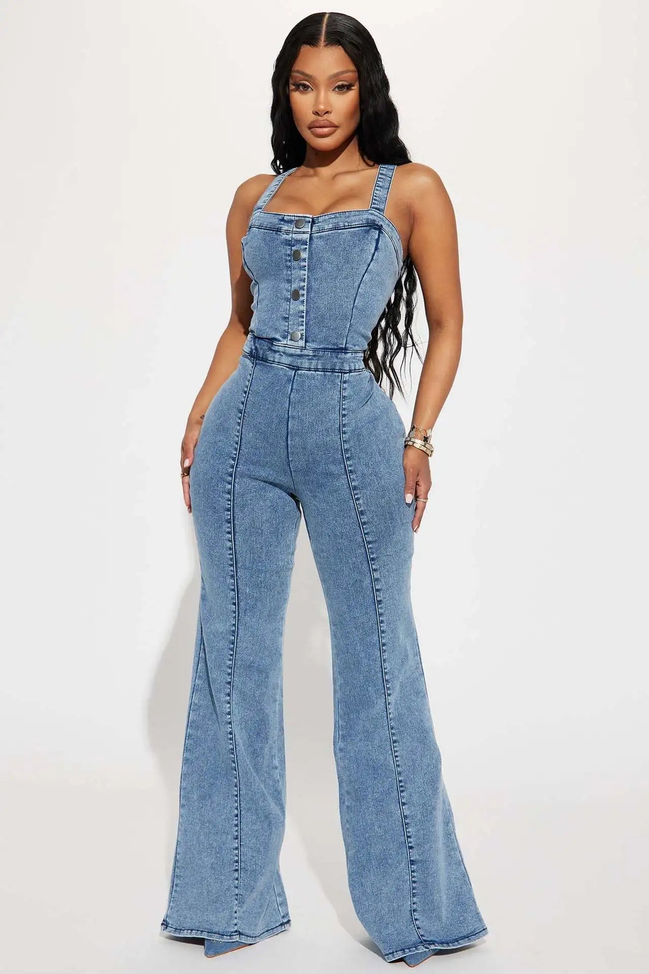 Women Jeans Rompers Sexy Overalls Jumpsuits Square Collar One Piece Solid Flare Pants Ankle Length Baics Spliced Button Aviola