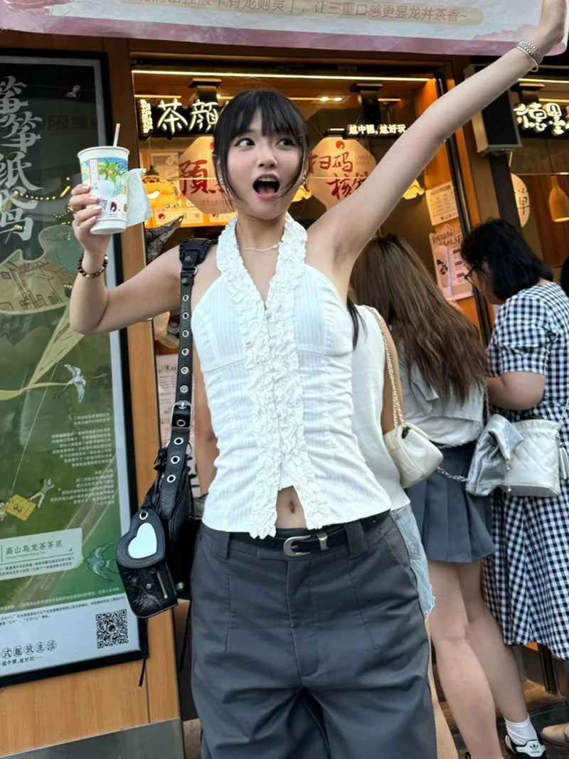MEXZT Y2K Cropped White Shirts Women Aesthetic Sexy Halter Ruffles Blouses Summer Korean Fashion Off Shoulder Slim Design Tops Aviola